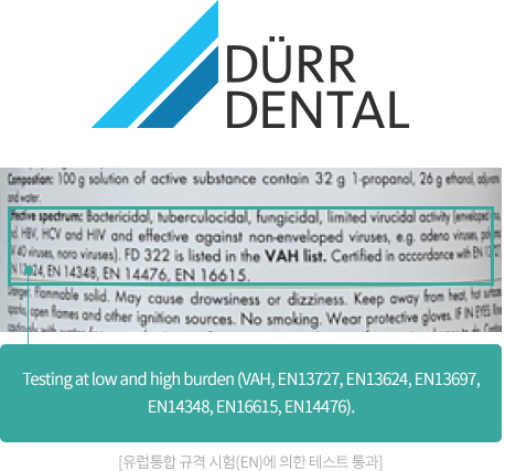 Testing at low and high burden (VAH, EN13727, EN13624, EN13697,EN14348, EN16615, EN14476). [유럽통합 규격 시험(EN)에 의한 테스트 통과]